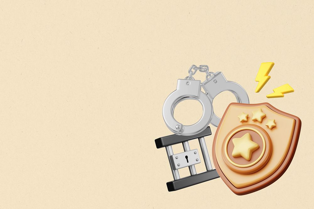 Police star badge background, handcuffs & cell, 3D job remix