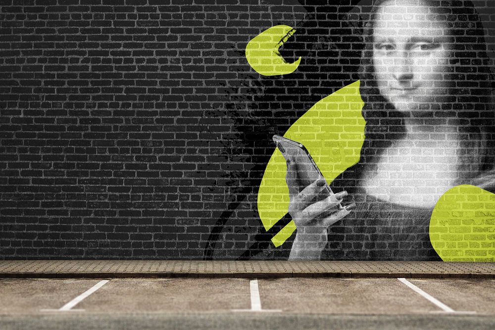 Brick wall, Mona Lisa artwork remixed by rawpixel.