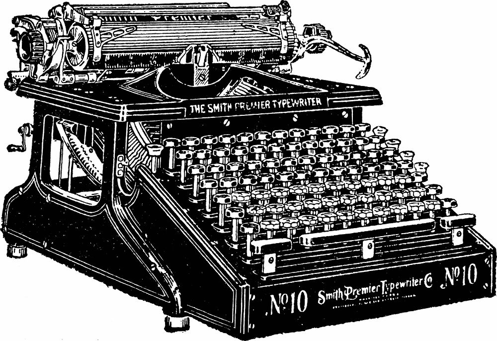 Drawing of the Smith Premier typewriter, originally invented by Alexander Brown at the L. C. Smith Gun Co. around 1889…