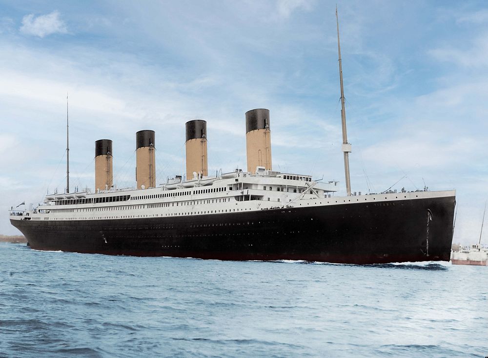 Colorized version of a photography of the RMS Titanic preparing to depart from Southampton, to go to Cherbourg and pick up…