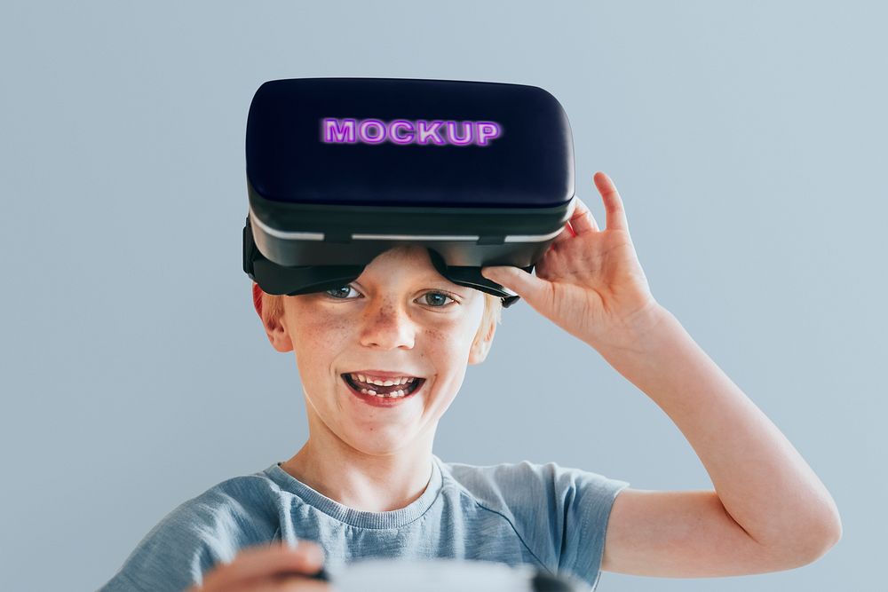 VR headset mockup psd, boy playing game, entertainment technology
