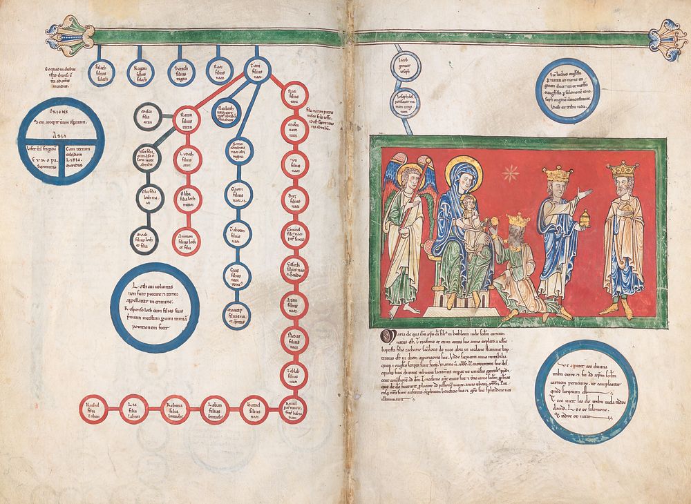 Leaves from a Beatus Manuscript: Bifolium with part of the Genealogy of Christ and the Adoration of the Magi