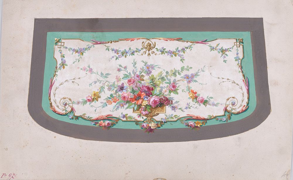 Design for a Sofa Seat Cover (?) with an Ornamental Frame Containing a Vase with a Large Bundle of Flowers and Leaves and…