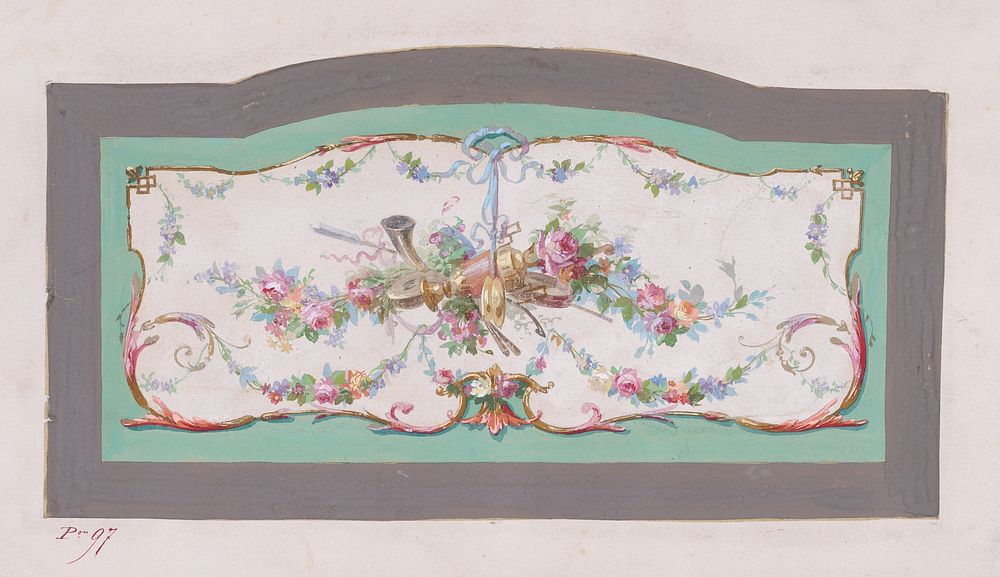 Design for a Sofa Back Cover (?) with an Ornamental Frame Containing a Large Horizontal Garland of Flowers and Leaves with…
