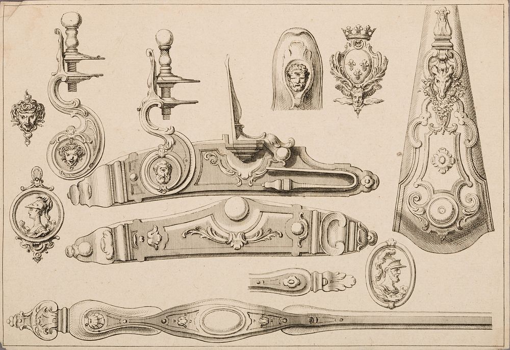 Design of a Flintlock, Side Plate, Butt Plate, and Trigger Guard, unnumbered plate from Nouveaux Desseins d'Arquebuserie…