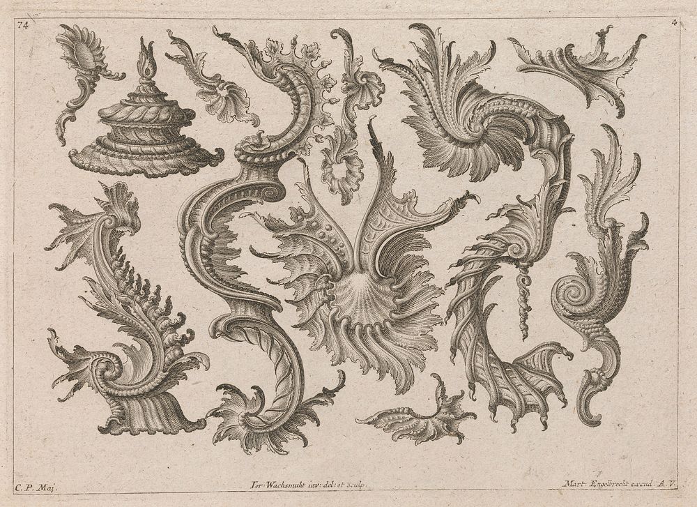 Various Designs for Rocaille Ornaments, Plate 4 from: 'Fortsezung von unterschielichen Auszierungen zu allerleij nuzlich…