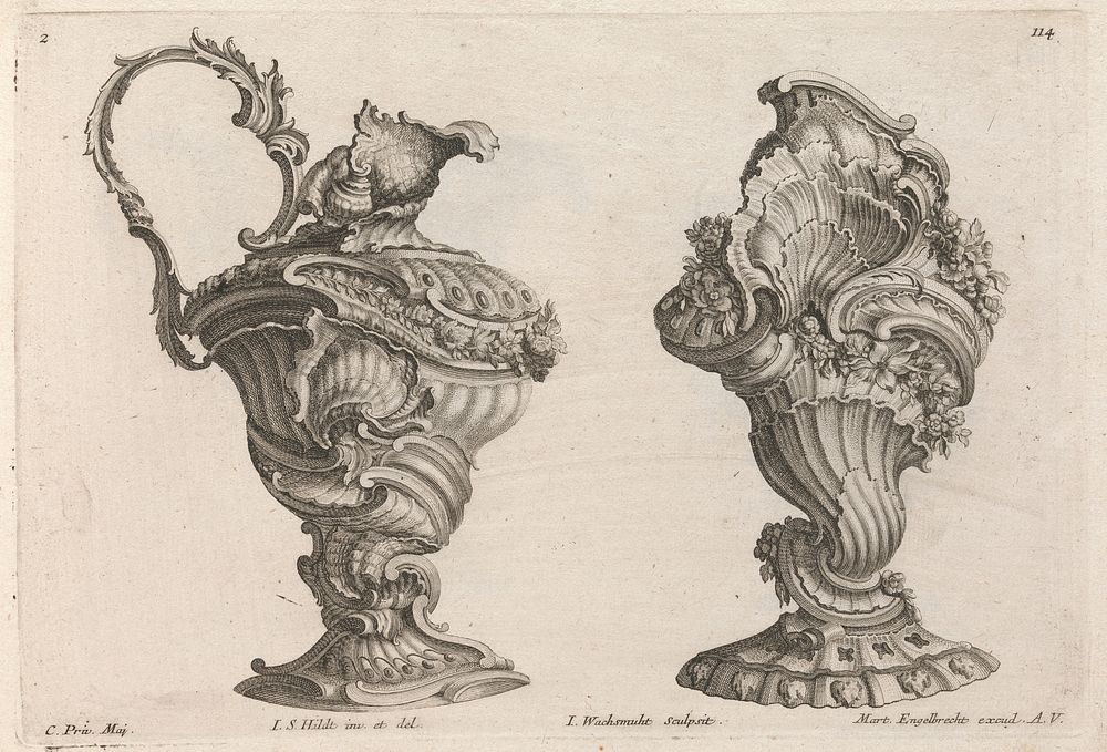 Designs for a Ewer and a Lidded Vase, Plate 2 from: 'Schone und auf die neueste Facon inventierte Gefasse und Kruge'