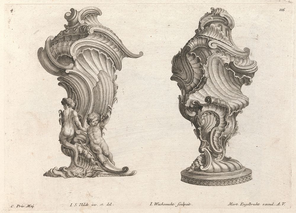 Designs for Two Lidded Vases, Plate 4 from: 'Schone und auf die neueste Facon inventierte Gefasse und Kruge'