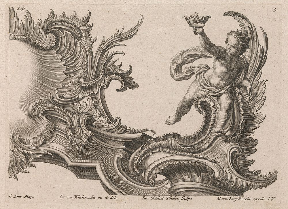 Design for a Rocaille Cartouche with the Figure of a Putto, Plate 3 from an untitled series with architectural cartouches…
