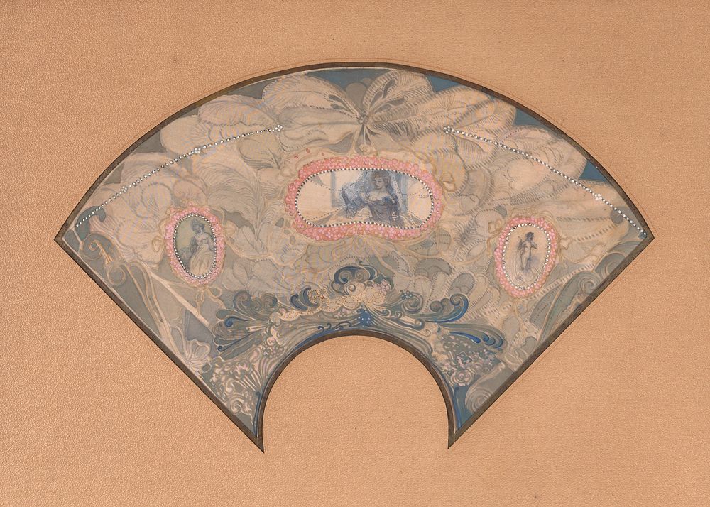 Painted Fan with s Design of Feathers and Three Medallions