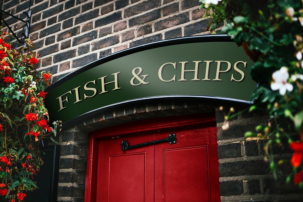 Green restaurant sign mockup, fish and chips psd