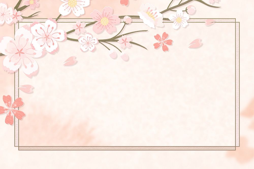 Pink flower illustration, rectangle frame on watercolor background