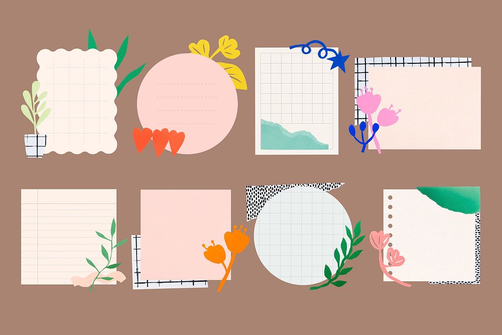 Cute graphic paper note set with plant doodles psd