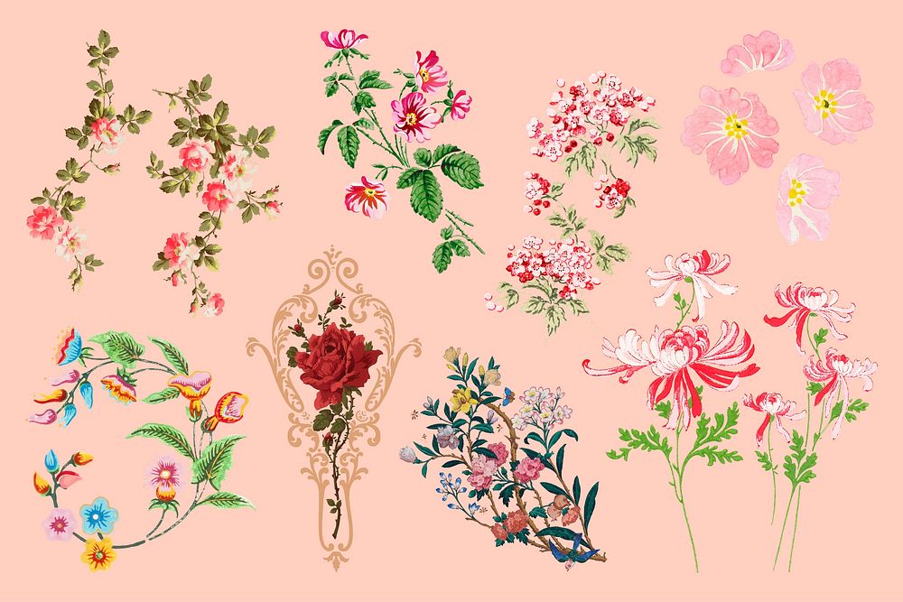 Vintage flower painting aesthetic set collection psd
