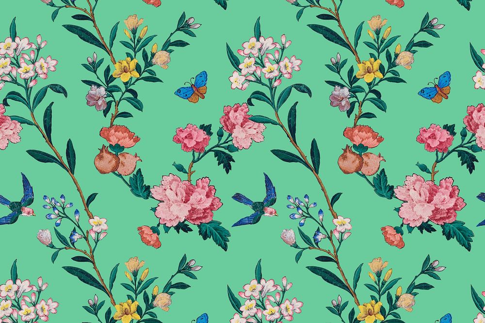Vintage flower pattern almond blossom, green background