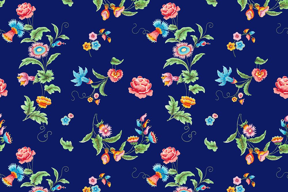 Vintage colorful flower pattern, blue background