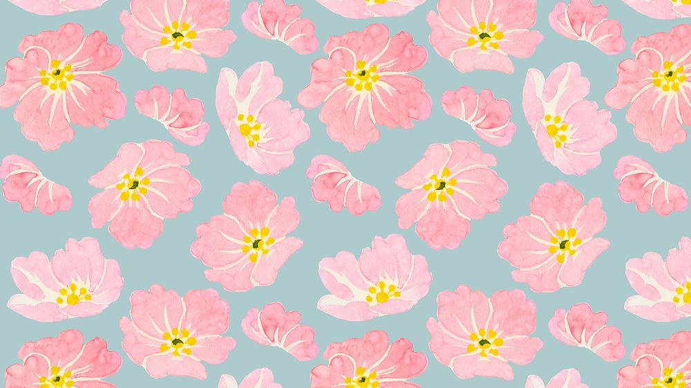 Pink floral pattern desktop wallpaper, blue background