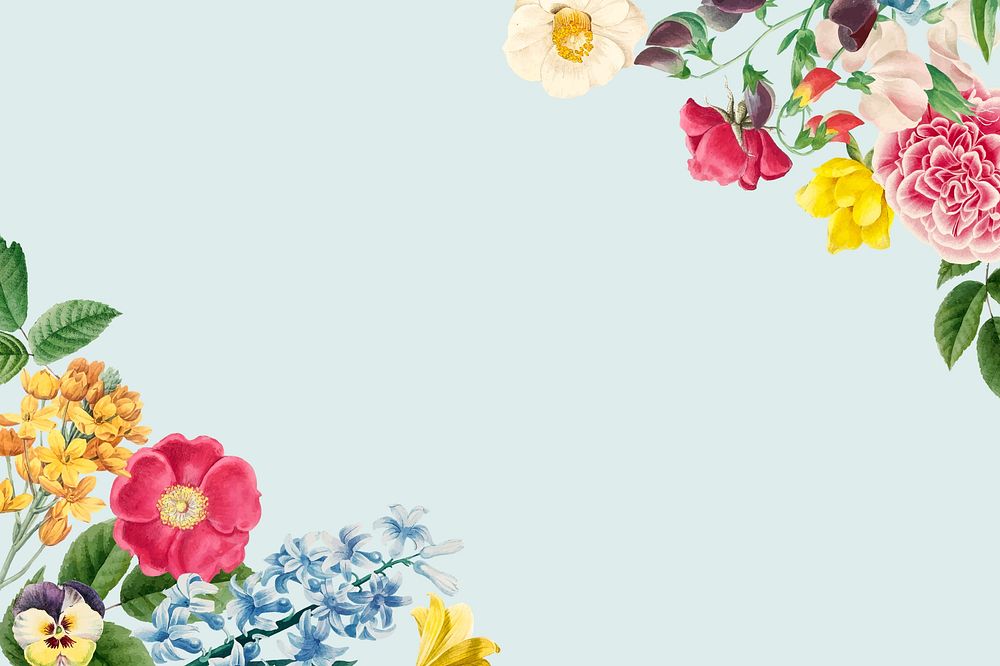 Floral border blue background, botanical illustration