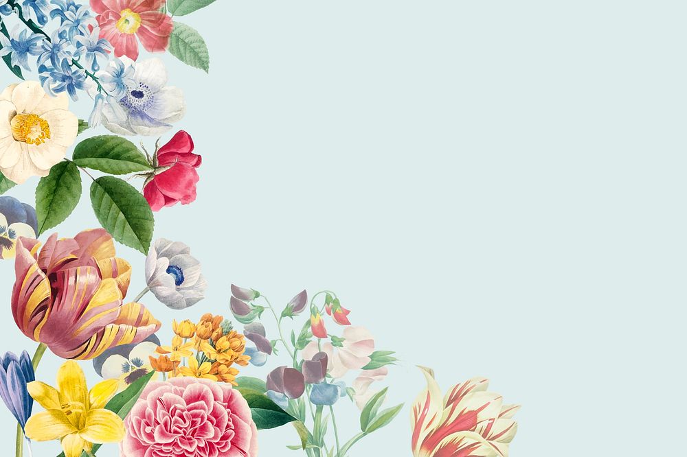 Floral border blue background, botanical illustration