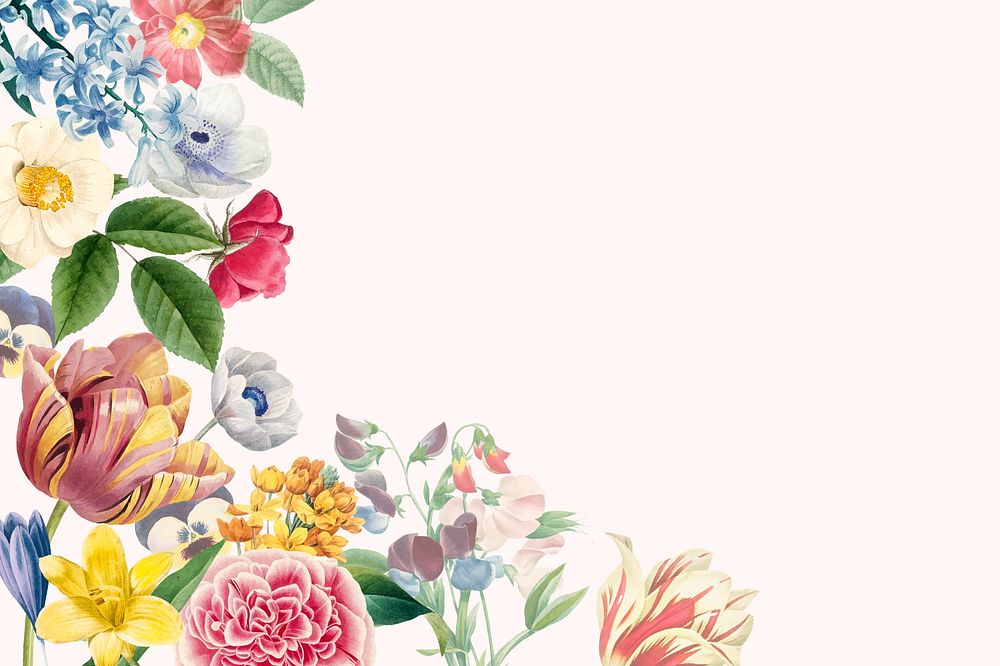 Floral border beige background, botanical illustration