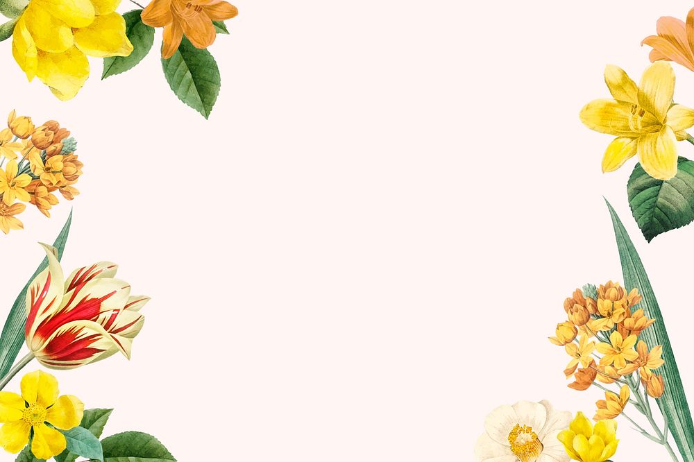 Yellow flower border beige background, botanical illustration