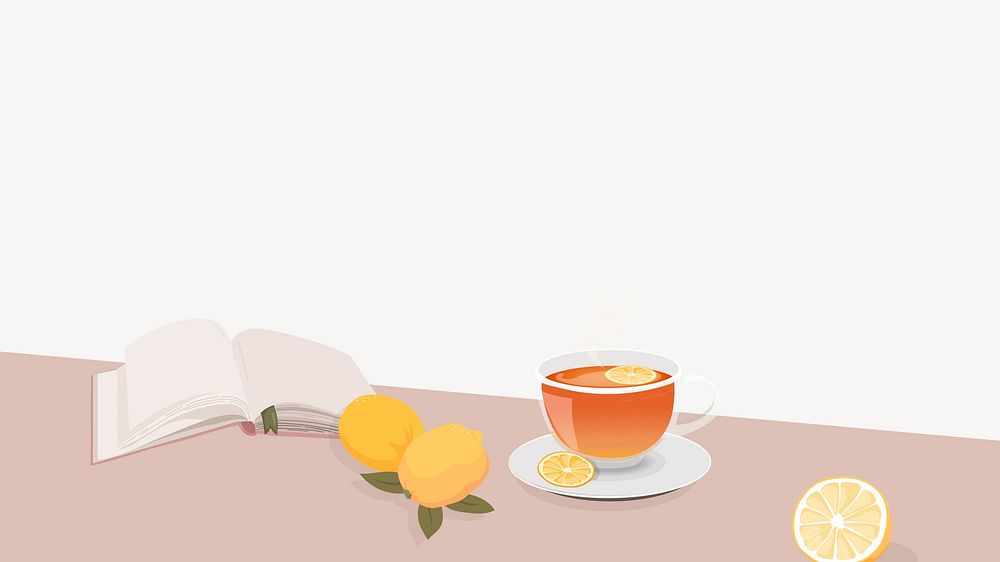 Hot lemon tea desktop wallpaper, book reading illustration 