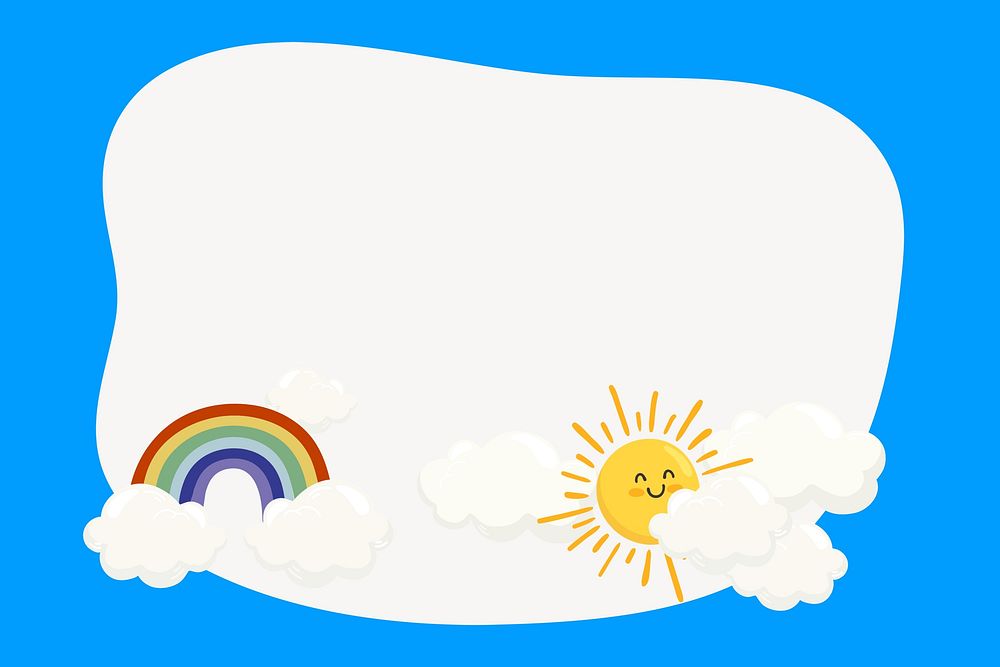 Sunny rainbow  illustration background,  blue border frame 