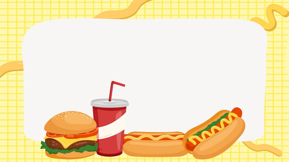 Fast food desktop wallpaper, yellow border frame notepaper illustration 