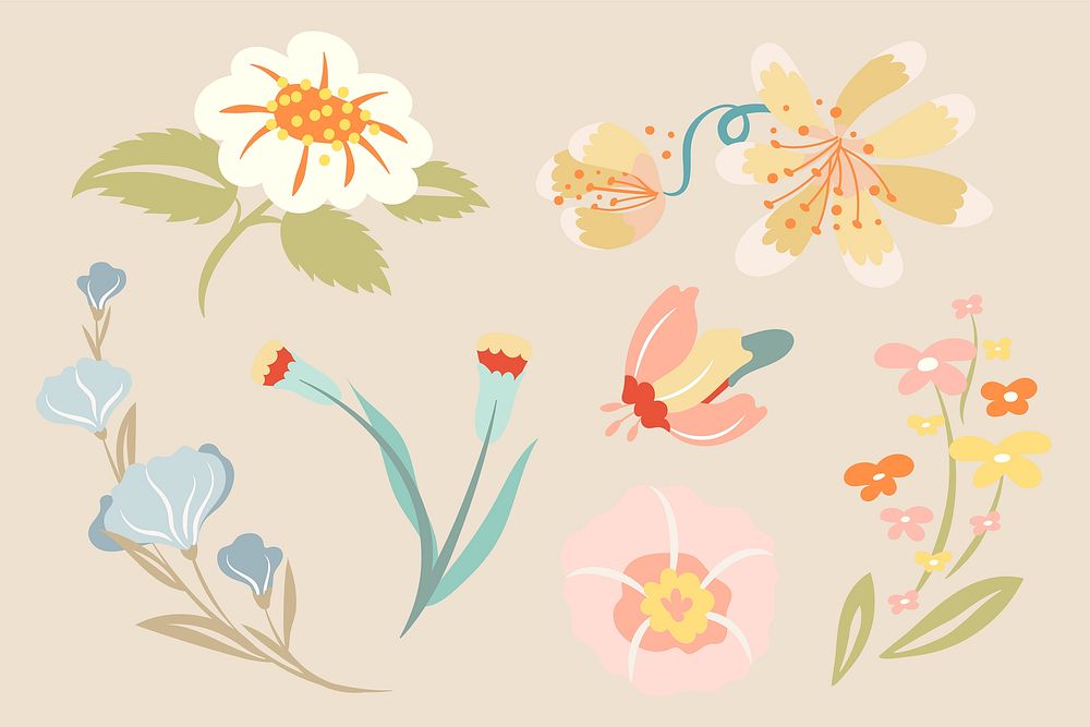 Pastel flower, spring clipart, cute vector illustration set