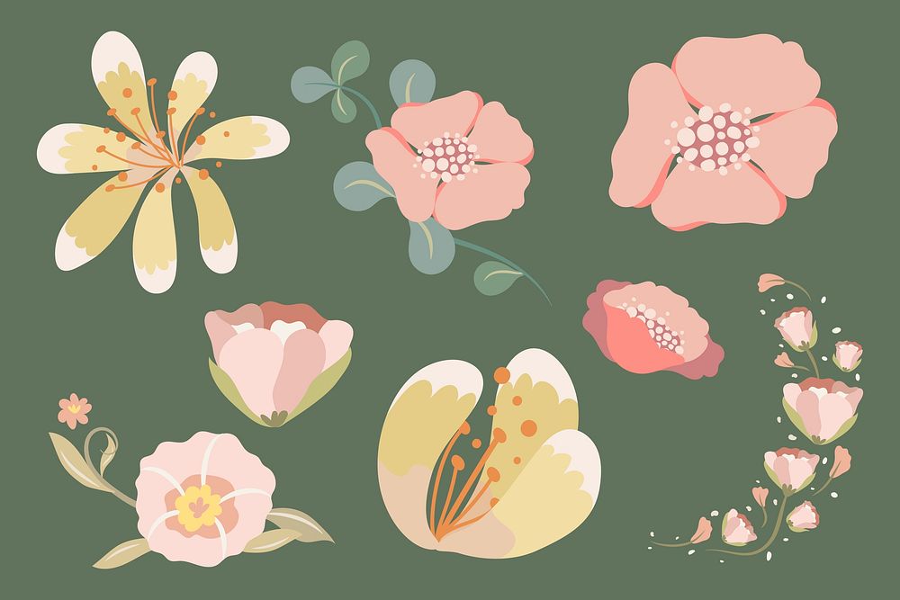 Pastel flower collage element set psd