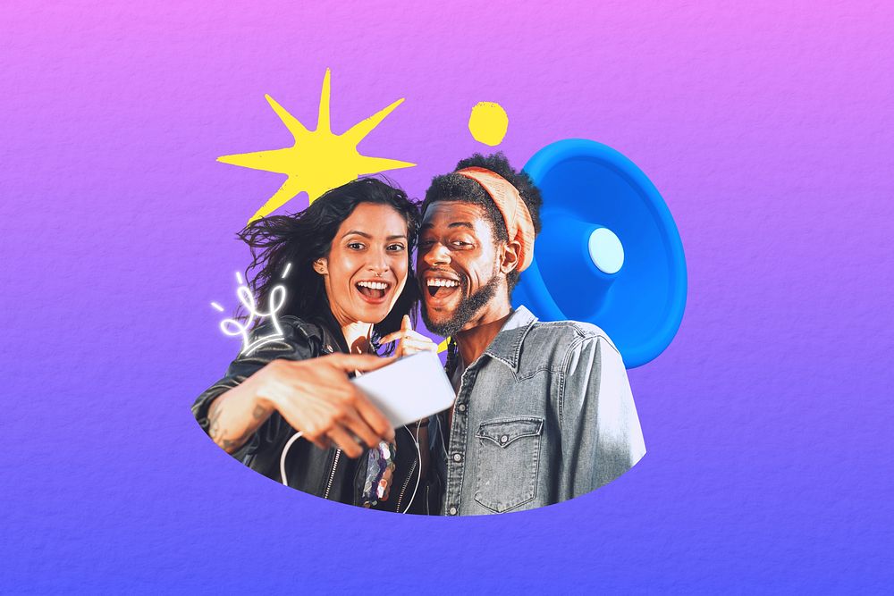 Couple taking selfies, social media collage