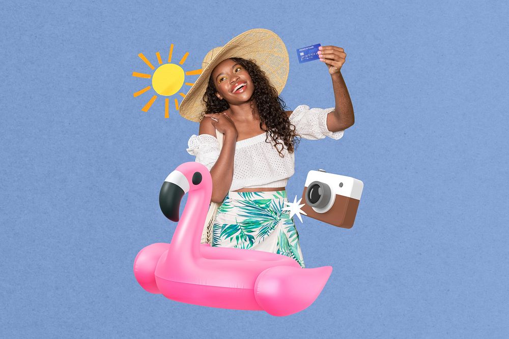 Carefree cashless vacation collage, blue design