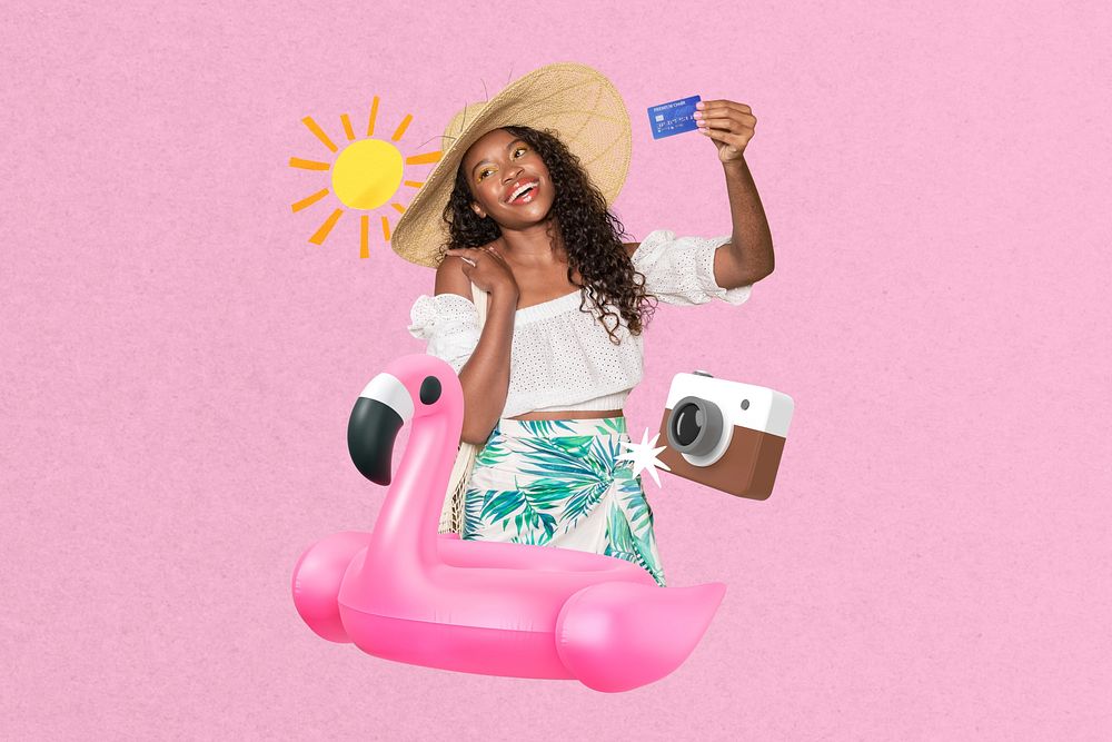 Carefree cashless vacation collage, pink design