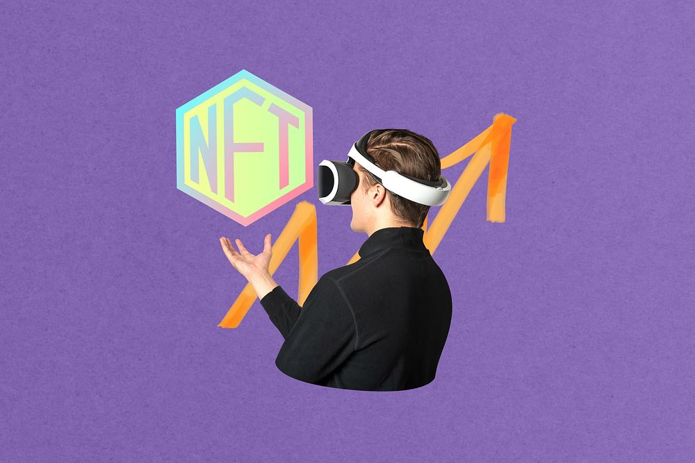 NFT technology investment collage, purple design