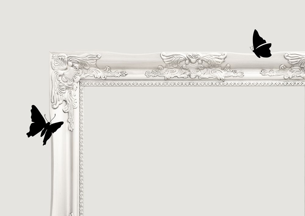 White ornate frame background, vintage butterfly aesthetic