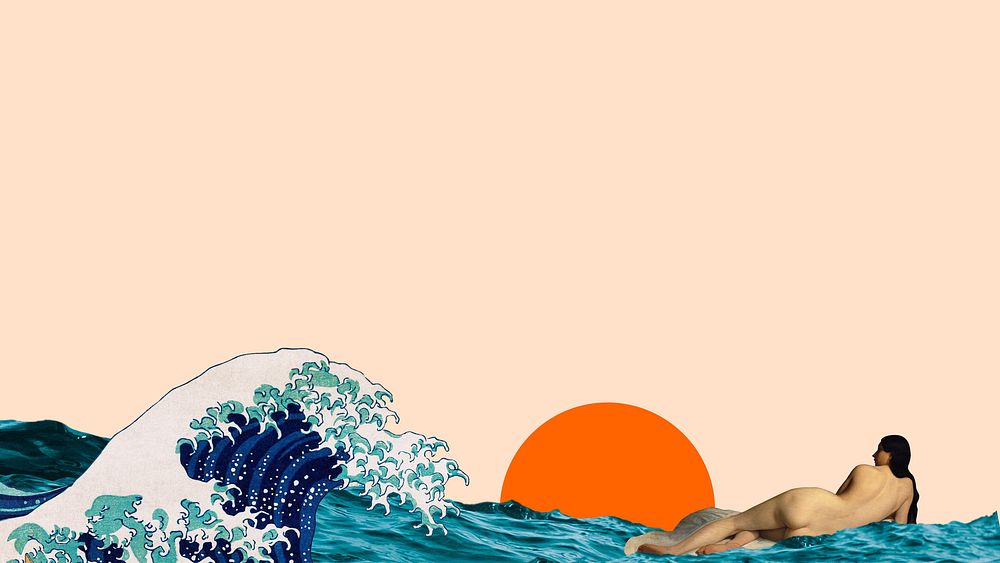 Sunset ocean border desktop wallpaper, pastel orange design