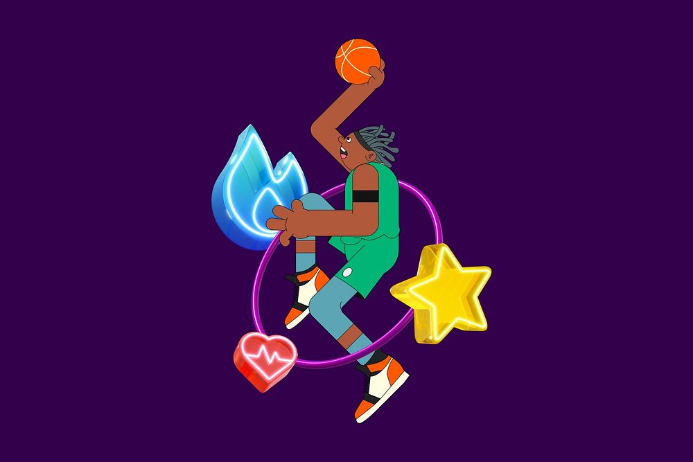Man playing basketball, purple design