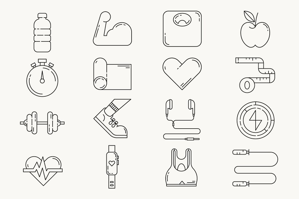 Fitness, health & wellness icons, black line art collection vector