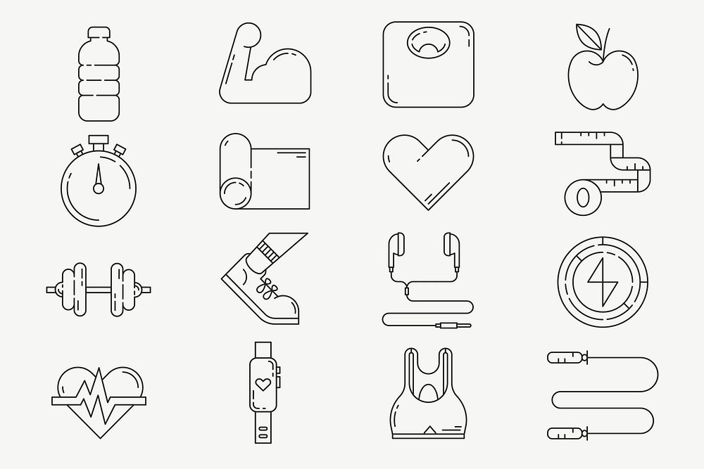 Fitness, health & wellness icons, black line art collection psd