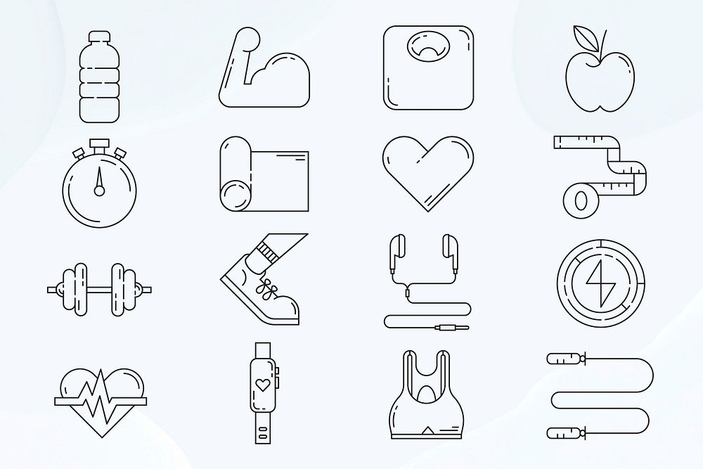 Fitness, health & wellness icons, black line art collection vector