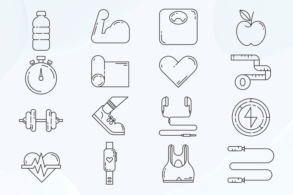 Fitness, health & wellness icons, black line art collection psd