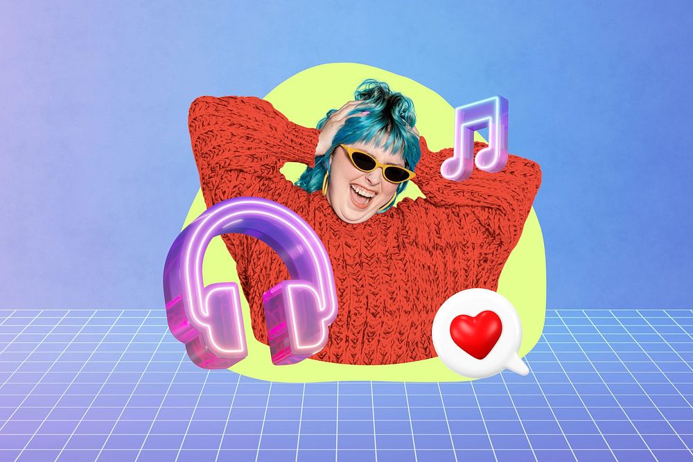 Teenage woman listening to music, 3D remix, grid design