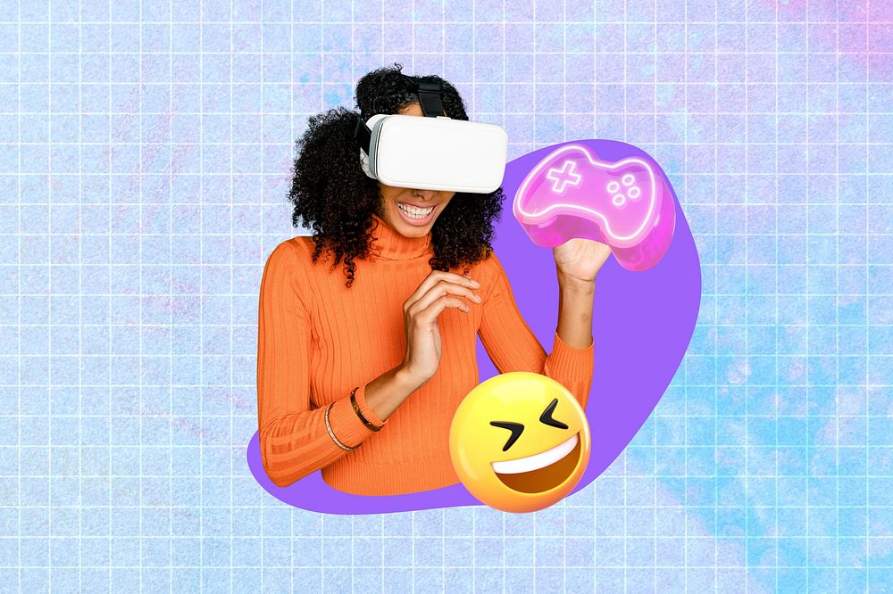 Black woman playing VR game, blue design, 3D remix