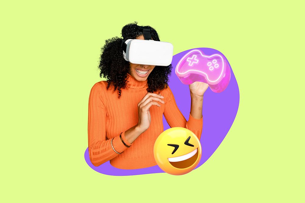 Black woman playing VR game, 3D remix, green design