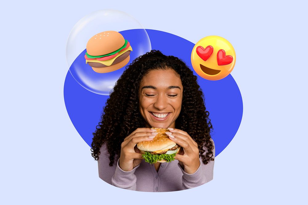 Black woman eating fast food, pastel design, 3D remix