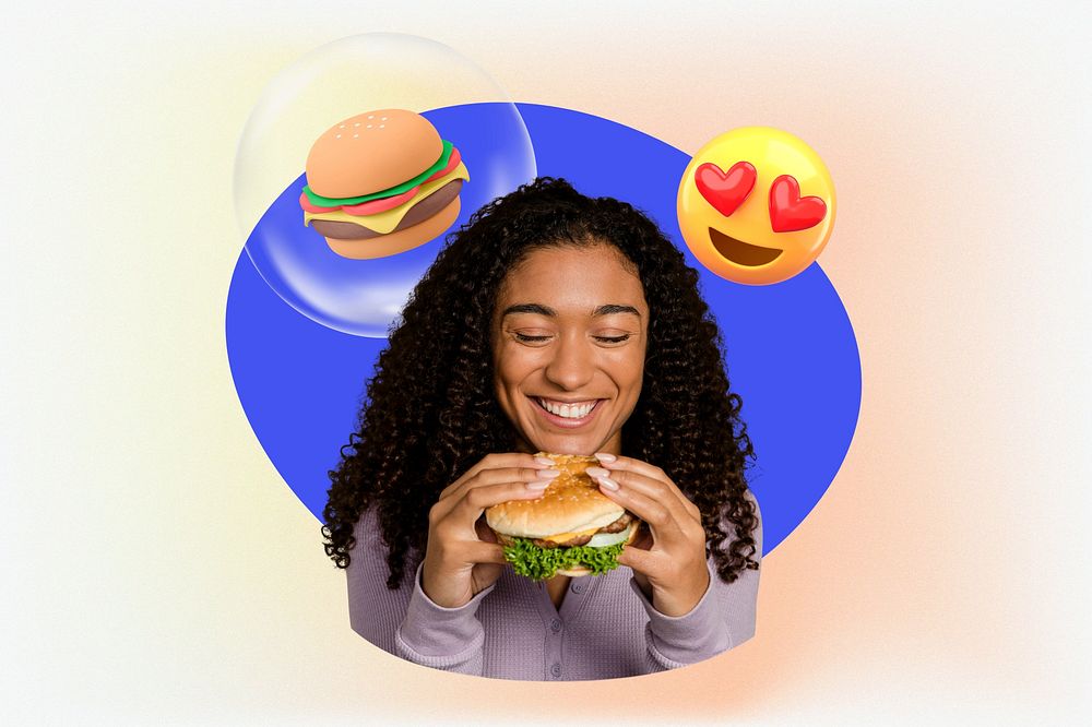 Black woman eating fast food, pastel design, burger 3D remix