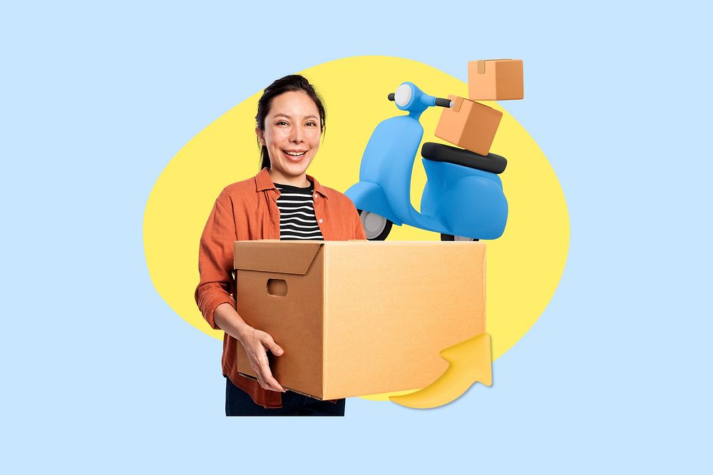 Package shipping, Asian woman, 3D remix, blue design