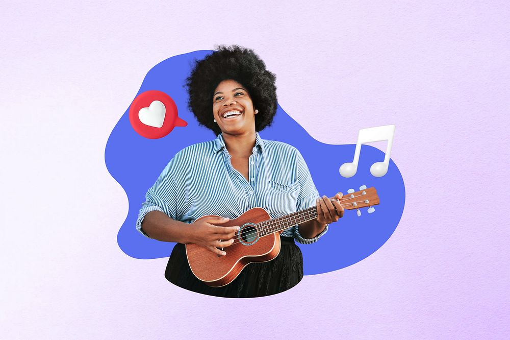 Black woman playing music, pastel design, 3D remix
