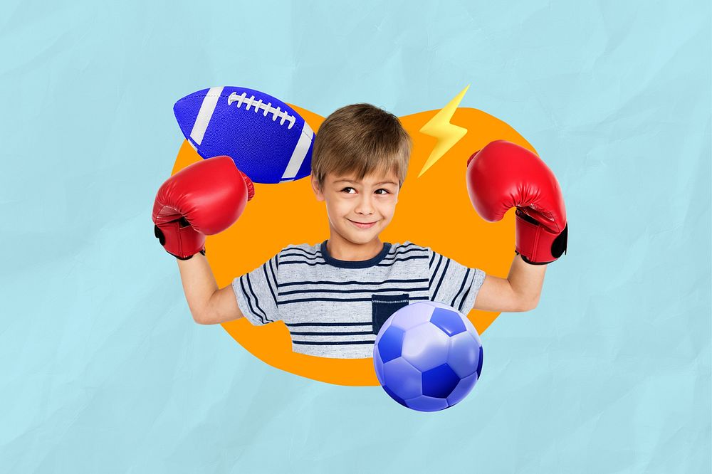 Exercising boy, blue design, sport 3D remix