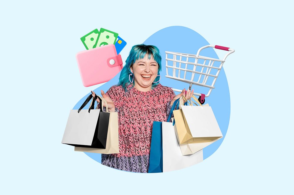 Shopping teen woman, 3D remix, blue design